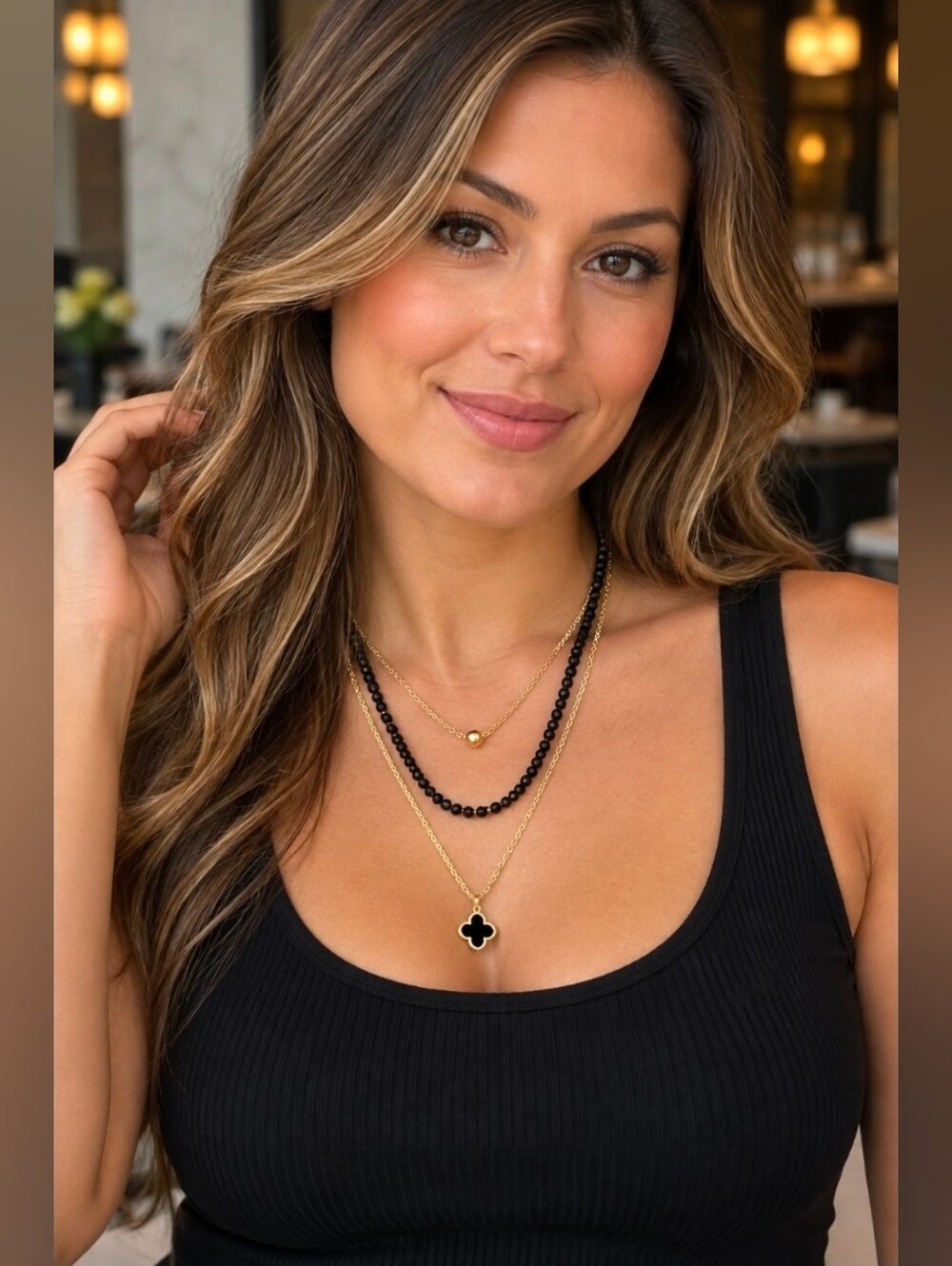 Gold Multi-Layer Necklace with Black Beads - Women Jewelry